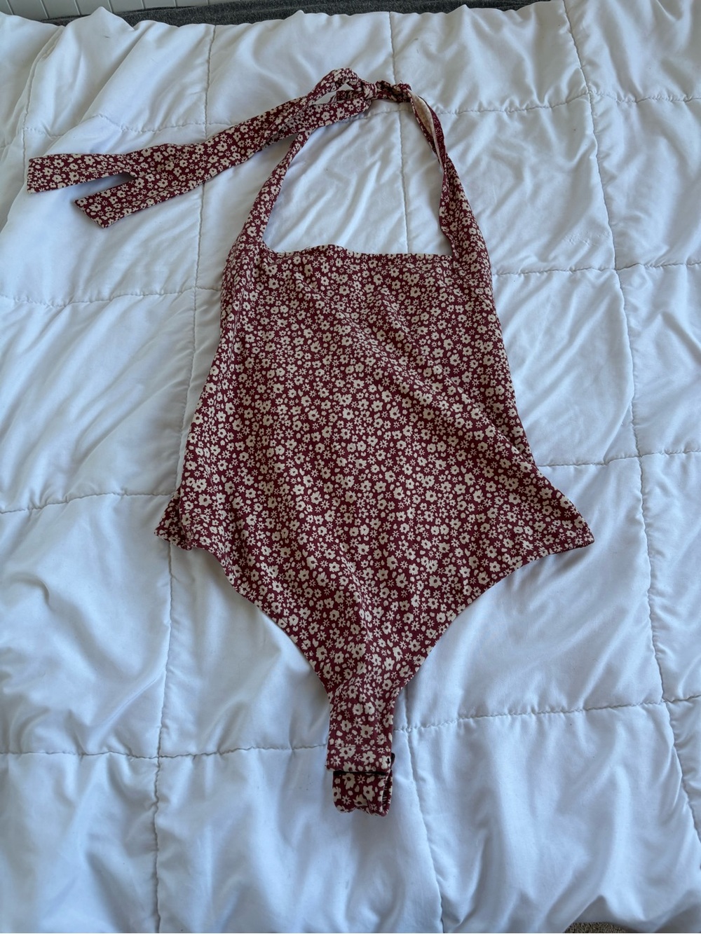 Free People Intimately Talk Back Halter Bodysuit Wine Floral M Tie Neck Square